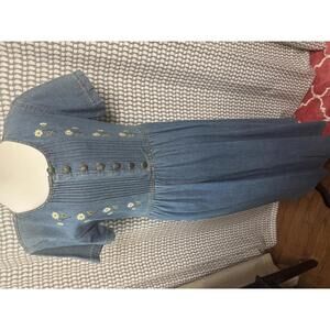 Vintage Denim Dress with Button Front and Floral Embroidery